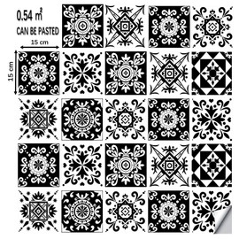 24pcs Moroccan Tile Stickers 15x15cm Bathroom Black and white Tile Stickers For Kitchen Bathroom Living Room Fireplace Stairs Home Waterproof Stickers For Tile Peel And Stick Tile Decals 6"x6"
