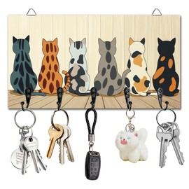 DELORIGIN Calico Cats Key Holder Key Hooks Wall Mounted Wooden Key Racks Key Storage Organizer Hanger with 5 Key Hooks House Key Holder for Wall Decor Door Entryway Hallway Kitchen New Home Gift
