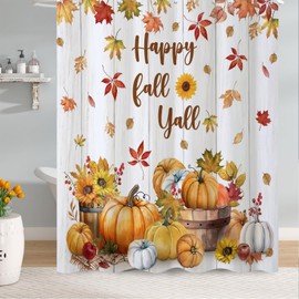 CRTPOD Fall Pumpkin Shower Curtain, Autumn Maple Leaves Sunflowers Bathroom Curtains Farmhouse Rustic Wooden Board Thanksgiving Harvest Waterproof Fabric Bathtub Curtain Sets with Hooks, 72x72 Inch