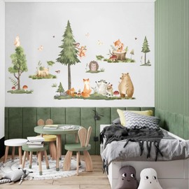 KAIRNE Waldtiere Baum Wandaufkleber Fuchs Bär Wandsticker Große Kiefer Wandaufkleber für Kinderzimmer Babyzimmer Wohnzimmer Wanddeko Jungen Wanddeko B100xH30cm Wandaufkleber für Jungenzimmer