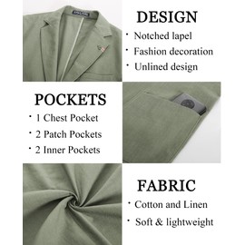 PJ PAUL JONES Mens Sport Jacket Linen Cotton Summer Breathable Blazer Casual Unlined Two Button Sport Coat Light Green L