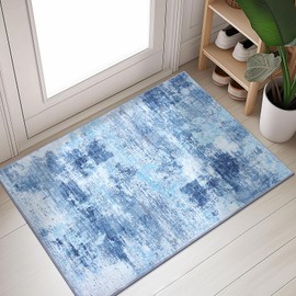 OLANLY Modern Abstract Area Rugs, 2x3 Washable Entryway Rug, Non Slip Low Pile Door Mat Small Carpet for Entrance Kitchen Bedroom Bathroom, Blue