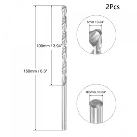 TA-VIGOR 2Pcs 6mm Extra Long Twist Drill Bits, 160mm Length High-Speed Steel HSS Straight Shank Spiral Drill Bits for Wood Metal Aluminum Plastic