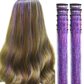 Clip in Hair Tinsel 20 Inch Colorful Hair Tinsel Pack of 12Pcs Glitter Tinsel Hair Extensions Tinsel Fairy Hair Party Dazzle Hair Accessories Strands Kit for Women Girls Kids(Purple)