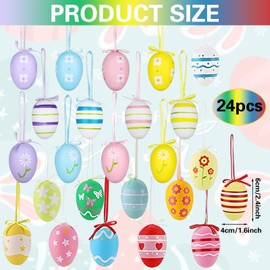 Meriviva 24 Pcs Hanging Easter Egg Decorations, Colorful Plastic Hand Painted Easter Eggs Hanging Ornaments with Ribbons for Tree Home Party Decor