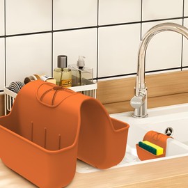 OKeanu Sponge Holder for Kitchen Sink, Silicone Sink Saddle Caddy Organizer Rack, Sponges Holder Over Faucet, Hanging Kitchen Organizer Accessories Rack Basket - Orange