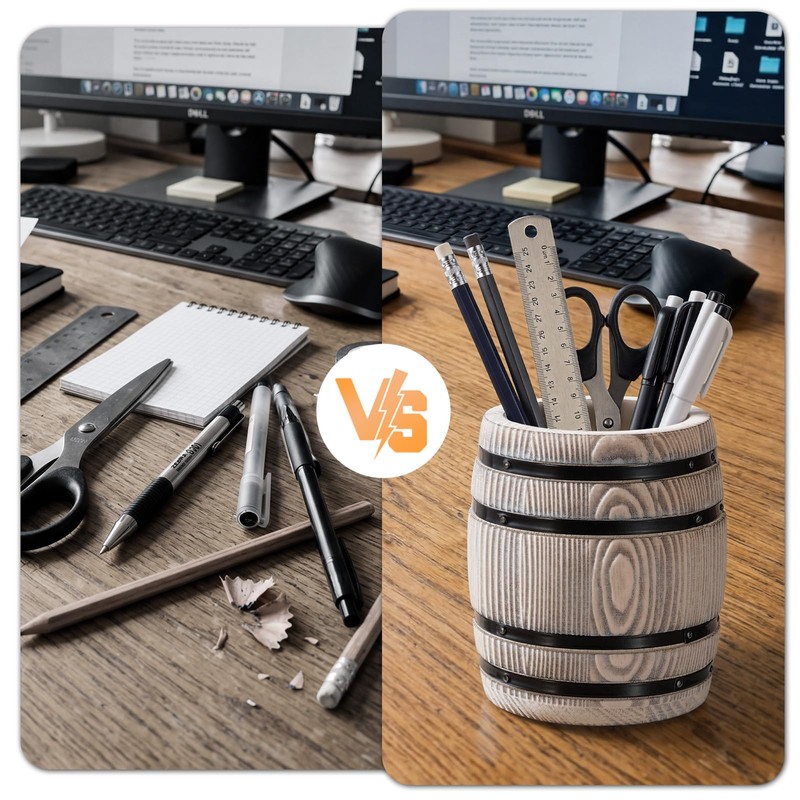 Hoowen Rustic Wooden Pen Holders for Desk, Wine Barrel Funny