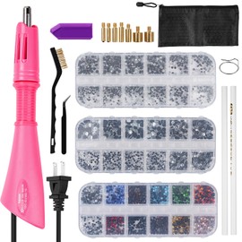 Wadukud Hotfix Applicator, DIY Hot Fix Rhinestone Setter with 7 Hot Fix Tips & 3 Boxes of Colored Crystal Rhinestones, Applicator Wand Setter Tool Kit for Blinging Clothes, Fabric, Leather (Pink)