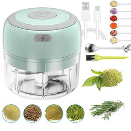 Electric Herb Grinder with Mini Scoop & Brush - 3.5-Inch 3.4oz USB Cordless, Adjustable Coarse to Fine Grind for Spices/Garlic/Herbs - Waterproof Portable Food Chopper (Green)