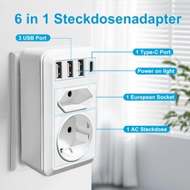 URLINE Socket Adapter, 7/6-in-1 Multiple Socket with 1 Schuko Plug 2/1 Euro Plug 3 USB A 1 USB C, Multiple Plug for Home, Travel and Offices (2 Compartments with USB C)