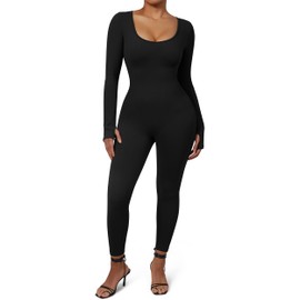 MOOSLOVER Women Ribbed One Piece Jumpsuits Square Neck Long Sleeve Workout Yoga Jumpsuits(L,#1 Black-Long Sleeve)