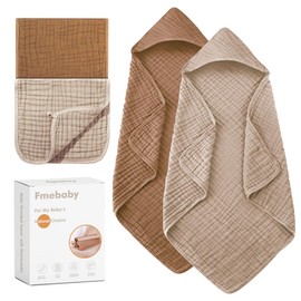 Fmebaby 2 Pack Muslin Hooded Baby Bath Towels and 2 Pack WashCloth Set Soft Cotton Baby Hooded Bath Towel Baby Wipes Absorbent Bath Face Towels Burp Cloths Face Towels for Girl Boy(Coffee and Apricot)