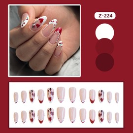24 Pcs French Press on Nails Medium Almond Fake Nails Nude Pink False Nails Pearl Press ons Nails Cute Cherry Designs Reusable Acrylic Nails for Women Nail Art Decor