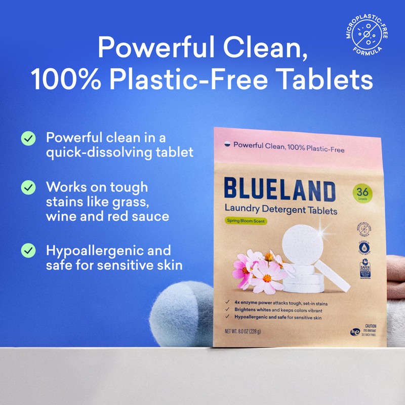 BLUELAND Laundry Detergent Tablets, 60 Count, Spring Bloom Scent, Plastic-Free