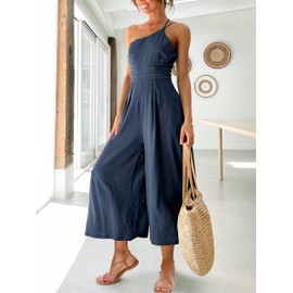ANRABESS Women's Summer Straps One Shoulder Pleated High Waist Casual Wide Leg Jumpsuit Romper with Pockets 502zangqing-L