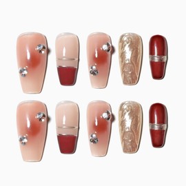 Sun&Beam Nails Handmade Press-on Medium Long Coffin Ballerina Red Nude Gold Gradation Design False Nail Tips 10 Pcs (#043 S)
