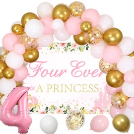 kreat4joy Four Ever a Princess Birthday Decorations, Princess 4th Birthday Party Decorations, Backdrop Pink Gold White Balloons Arch Number 4 Crown Foil Balloons for 4 Year Old Girl Birthday
