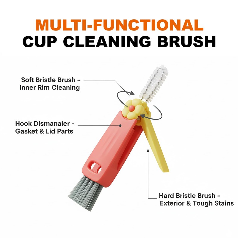 3 Pcs 3-in-1 Cup Lid Crevice Cleaning Brush, Portable Multifunctional