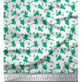 Soimoi Green Rayon Crepe Fabric Wool & Cat Animal Printed Craft Fabric BTY 46 Inch Wide