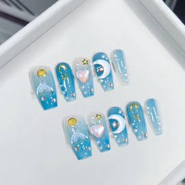 TENPAL Handmade Press on Nails Medium Ocean Blue Ice Transparent 3D Moon Star Charms Fake Nails With Glue 10pcs/Box Glitter Ombre Blue Mermaid False Nails Press ons For Spring Summer(M)