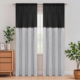 ASPMIZ Cotton Linen Farmhouse Curtains for Living Room, Boho Rustic Window Curtain Panels, Black with Grey Stripe Country Curtains for Bedroom, Back Tab Modern Drapes for Windows 52 x 84 Inch 2 Panels