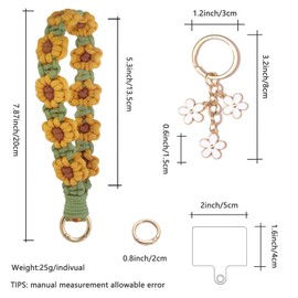 2Pcs Macrame Wristlet Keychain Handmade Daisy Weave Crochet Keychains Wrist Lanyard Cute Fresh Pastoral DIY Woven Finished Key Chain Flower Boho Keyring Phone Holder for Women Girl