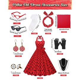 Women's 1950s Polka Dress Set Audrey Vintage-inspired Cocktail Halter Swing Dress with Accessories 10PCS Red-S