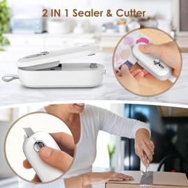 ODSD Mini Foil Sealer 2-in-1 Bag Sealer with Cutter Sealing Machine Hand Sealing Device for Plastic Bags Bags Chip Bags Food Storage Snack (White)
