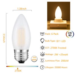 E26 Candelabra Light Bulbs Frosted Chandelier Light Bulbs 25watt Equivalent 2700K Warm White B11 Torpedo Tip Dimmable 2W LED Decorative Candle Light Bulbs, 6 Pack