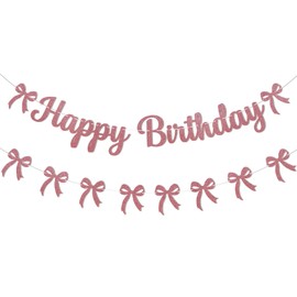 Pink Bow Birthday Party Decorations - Happy Birthday Banner & Pink Bow Bunting Garland, Girls/Boys Coquette Birthday Party Decorations Rose Gold Glitter
