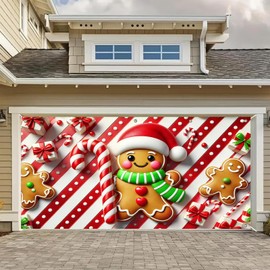 HOMETITUTE Christmas Garage Door Banner 13x6ft Gingerbread Man Candy Cane Theme Backdrop Banners for Outside Inside Winter Door Cover Garage Wall Covering for Party Garage Decorations