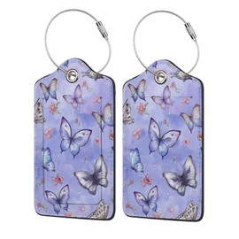 Butterfly Luggage Tags for Suitcases 2 Pack Cute PU Leather Luggage Tag with Stainless Steel Loop Privacy Cover ID Label Travel Bag Luggage Identifiers for Women Men Suitcase Baggage