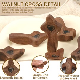 Cross My Heart Encouragement Gift, Small Wooden Pocket Cross, Handheld Prayer Cross, Fidget Cross for Stress Relief, Religious Gifts for Christians with Organza Bags (Walnut, 3pcs)