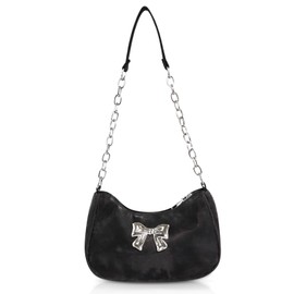 AfitLulu Shoulder Bag Women's PU Leather Half Moon Bag with Leather Chain Shoulder Strap and Bow Pattern Crossbody Bag Elegant Shoulder Bag for Daily Activities, black