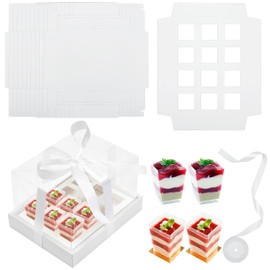 Kritkin 10 Sets Square Dessert Shooter Cup Transport Boxes with Window Ribbon 12 Count Dessert Shooters Transport Container Shooter Cup Carrier Boxes Holder for Birthday Holiday Party Bakery Supplies