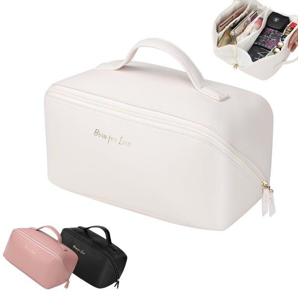 HLC Large Capacity Cosmetic Bag, Portable Travel Makeup Toiletry Bag Organizer, Waterproof Beauty Zipper Make up Bag with Compartments, PU Leather Cosmetic Bag Pouch for Women Girls（White）
