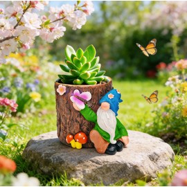 Cute Gnome Succulent Planter Comes with 2 Wooden Labels– Funny Resin Gnome Decor for Indoor Outdoor, Small Plant Holder for Desk, Garden Decoration, Unique Gift for Women, Mom, Plant Lovers(Green)
