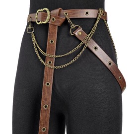 HiiFeuer Medieval DIY Faux Leather Metal Chain Belt, Vintage Adjustable Thin Belt For Women, Retro Skinny Belt For Dresses (Brown B)