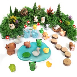 Mini Resin Animals Set, 46 PCS, Tiny Resin Animal, mini Resin Animals Bulk, Miniature Trees Moss for Garden Decor Micro Landscape Ornaments Kit Fairy Garden Dollhouse Accessories