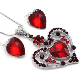 Soulbreezecollection Valentine's Day Red Heart Necklace Pendant & Stud Post Earrings Set Charm Red Rhinestones Ladies Women Fashion Jewelry Gifts for Mom