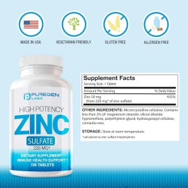 Puregen Labs Zinc Sulfate 220 mg Dietary Supplement 100 Tablets Pack of 2