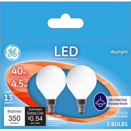 GE LED Light Bulbs, 4.5 Watt (40 Watt Equivalent) Daylight, Frosted Finish, Decorative Light Bulbs, Candelabra Base, Dimmable (2 Pack)