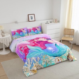 Kids Cute Mermaid Comforter Set Twin Size for Girls Rainbow Purple Mermaid Tail Printed Pattern Quilt with 1 Pillowcase for Girls Bedroom All Season Cute Kids Room Decor Bedding