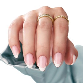 Xumann French Tip False Nails, Short Press on Nails Almond, Fake Stick on Nails with Glue for Women Reusable （24Pcs, 16 Sizes ）