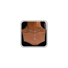 Inateannal Boho Rhinestone Choker Necklace Gold Crystal Y Lariat Necklaces Long Rhinestone Y Drop Necklace Sparkling CZ Tennis Chain Necklace Jewellery for Women and Girls, Zinc
