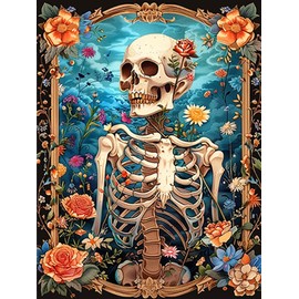 5D Skeleton Diamond Art Painting Kits for Adults Skull Diamond Art Kits for Adults Flowers Diamond Art Painting Kits for Beginners, Round Gem Art Crafts Kits for Home Wall Decor Gifts 12x16 in