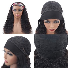 4GIRL4EVER Headband Wigs Human Hair Deep Wave Wig Curly Half Wigs for Black Women Glueless Headband Wig None Lace Front Wigs 180% Density Machine Made Natural Color (16 Inch)