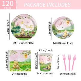 AURORAPARTY 120pcs Winnie Bear Baby Shower Decorations Pooh Plates Girls Birthday Party Supplies Vintage Bear Cups Baby Newborn Pink Disposable Paper Tableware Set for 24 Guests