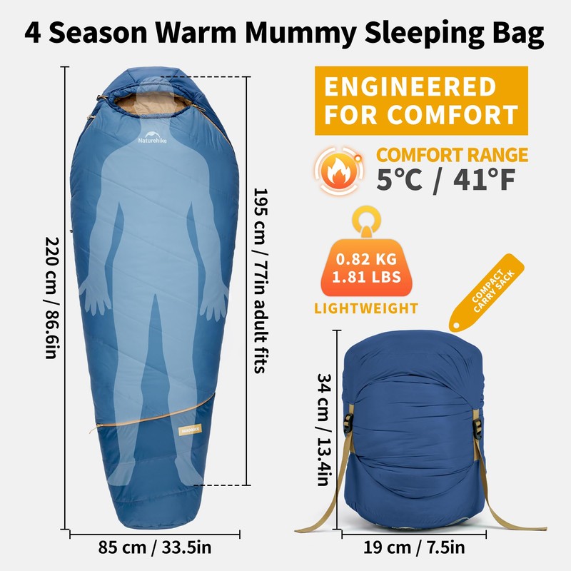 Naturehike 41/28℉ Mummy Sleeping Bag for Adults, Fabrics with PFAS-Free