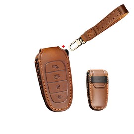 HIBEYO Leather Car Key Fob Cover with Keychain fits for Hyundai Sonata Nexo Tucson Santa Fe 2019-2022 Key Case Cover Jacket Smart Remote Car Key Keyless Entry Holder 4 Button Brown